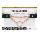 Packaging of the Sex & Mischief Indica Day Collar featuring emerald green faux leather and gold hardware.