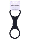 Sex & Mischief Shadow Silicone Cuffs Large Black packaging showing the cuffs designed for secure restraint and control.