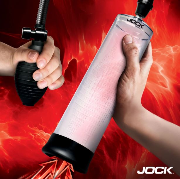 Jock Amp Up Penis Pump with Bulb Black, featuring a clear cylinder and manual pump, designed for enhancement.