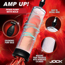 Jock Amp Up Penis Pump with Bulb Black showcasing ergonomic pump and numbered cylinder for enhancement.