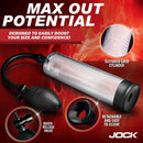 Jock Amp Up Penis Pump with Bulb Black, featuring textured grid cylinder and quick-release valve for size enhancement.