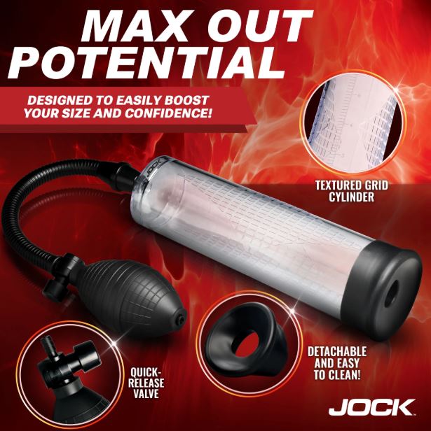 Jock Amp Up Penis Pump with Bulb Black, featuring textured grid cylinder and quick-release valve for size enhancement.
