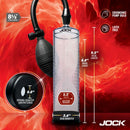 Jock Amp Up Penis Pump with Bulb Black showcasing detailed measurements and features for enhancing performance.