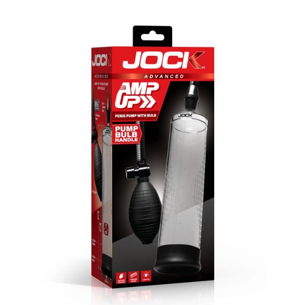 Jock Amp Up Penis Pump with Bulb Black packaging featuring a clear cylinder and rubber bulb handle.