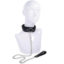 Sex & Mischief Shadow Collar and Leash displayed on a mannequin with a sleek black design and silver-tone accents.