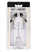 Sex & Mischief Shadow Bell Nipple Clit Jewelry in its packaging, featuring clamps and polished silver-tone accents.