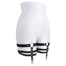 Sex & Mischief Shadow Garters Black Silver displayed on a mannequin, featuring sleek faux leather and polished metal accents.