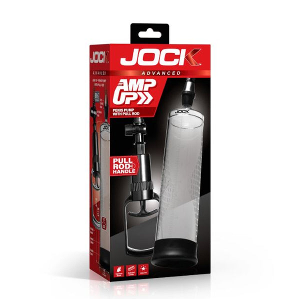 Jock Amp Up Penis Pump with Pull Rod Black features a clear cylinder for tracking size gains during use.