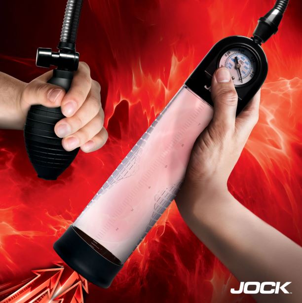 Jock Pump Up Gauge Penis Pump with Bulb Black in use with hands and pressure gauge displayed.