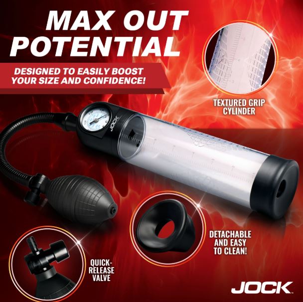 Jock Pump Up Gauge Penis Pump with Bulb Black showcasing textured grip, pressure gauge, and quick-release valve for precision.