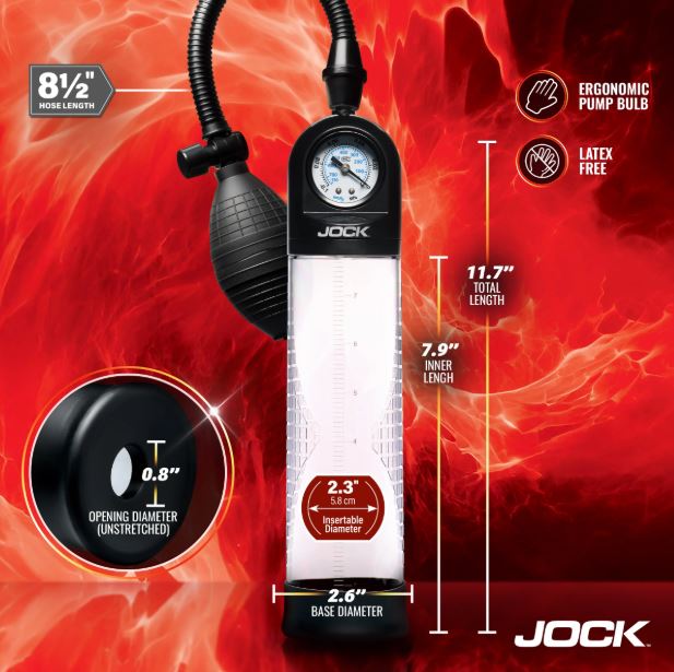 Jock Pump Up Gauge Penis Pump with Bulb Black with pressure gauge and ergonomic design for precision enhancement.