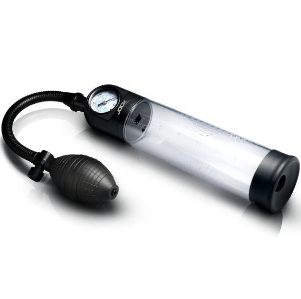 Jock Pump Up Gauge Penis Pump with Bulb Black showcasing a precise pressure gauge and bulb for enhancement results.