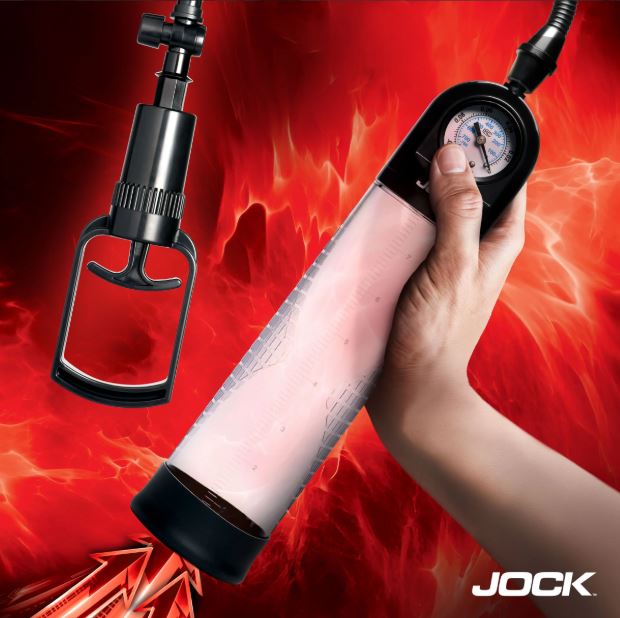 Jock Pump Up Gauge Penis Pump with Pull Rod Black in hand, showcasing clear cylinder and pressure gauge.