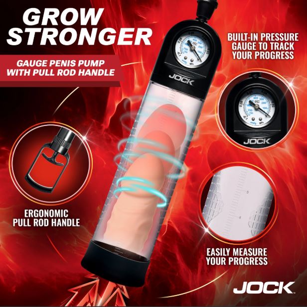 Jock Pump Up Gauge Penis Pump with Pull Rod Black featuring built-in pressure gauge and ergonomic pull rod handle.