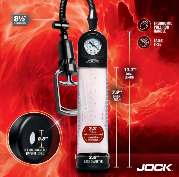 Jock Pump Up Gauge Penis Pump with Pull Rod Black showing measurements and features for improved performance.