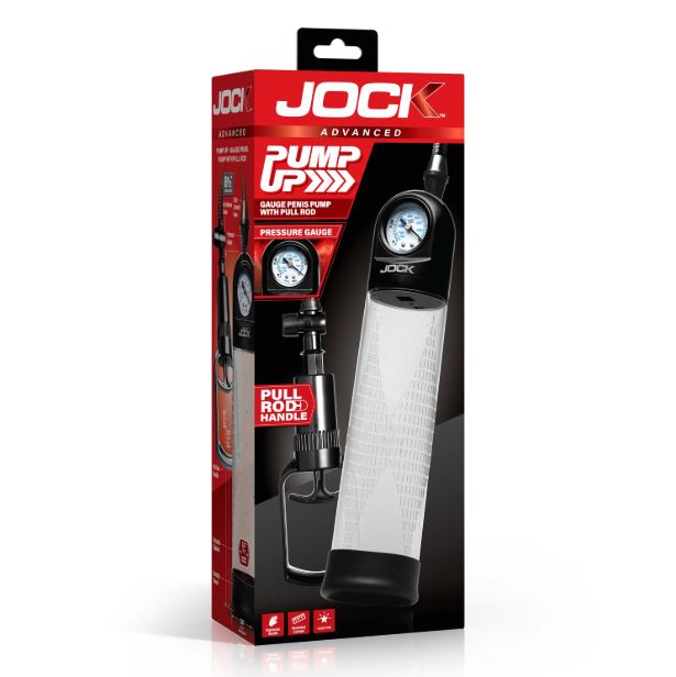 Jock Pump Up Gauge Penis Pump with Pull Rod Black displayed in packaging with pressure gauge and transparent cylinder.