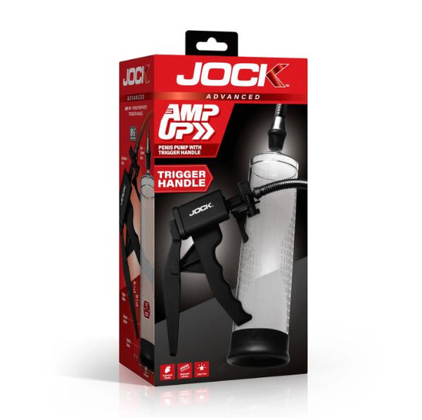 Jock Advanced Amp Up Penis Pump with Trigger Handle packaging featuring clear cylinder and ergonomic trigger handle.