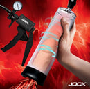 Jock Pump Up Penis Pump with Gauge and Trigger Handle in use, showcasing its ergonomic design and powerful suction.