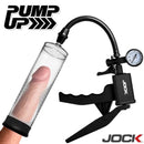 Jock Pump Up Penis Pump with Gauge and Trigger Handle features clear cylinder and ergonomic trigger for precise control.