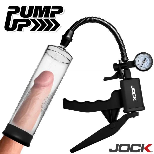 Jock Pump Up Penis Pump with Gauge and Trigger Handle features clear cylinder and ergonomic trigger for precise control.