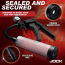 Jock Pump Up Penis Pump with Gauge and Trigger Handle showcases premium silicone sleeve and easy-to-plug hose for enhanced performance.