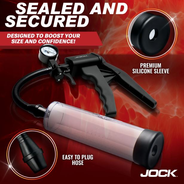 Jock Pump Up Penis Pump with Gauge and Trigger Handle showcases premium silicone sleeve and easy-to-plug hose for enhanced performance.