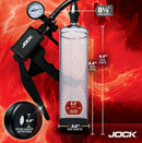 Jock Pump Up Penis Pump with Gauge and Trigger Handle displaying measurements and ergonomic design features.