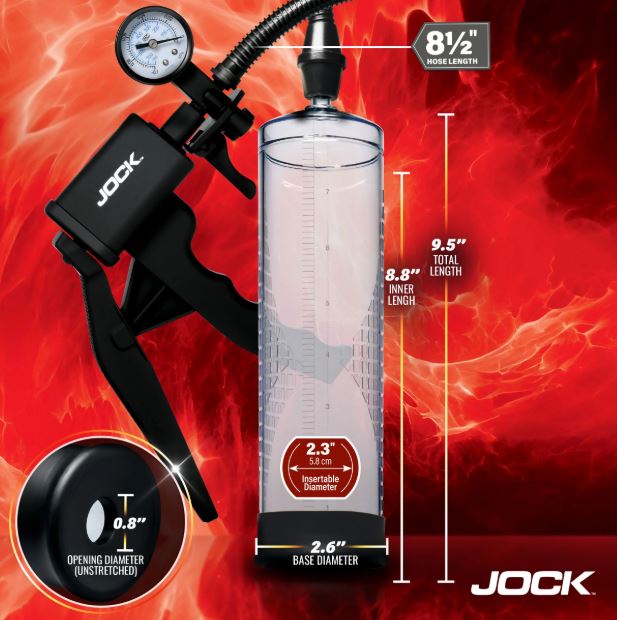 Jock Pump Up Penis Pump with Gauge and Trigger Handle displaying measurements and ergonomic design features.