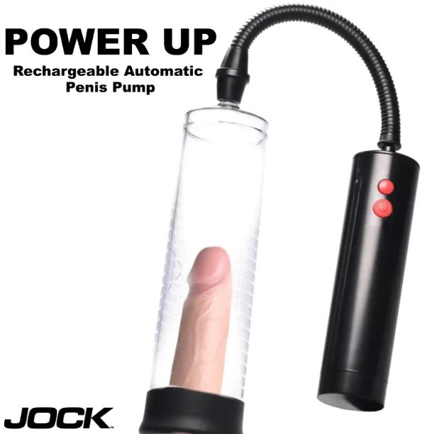 Jock Advanced Power Pump Up Automatic Penis Pump with clear cylinder and control buttons for enhanced pumping experience.
