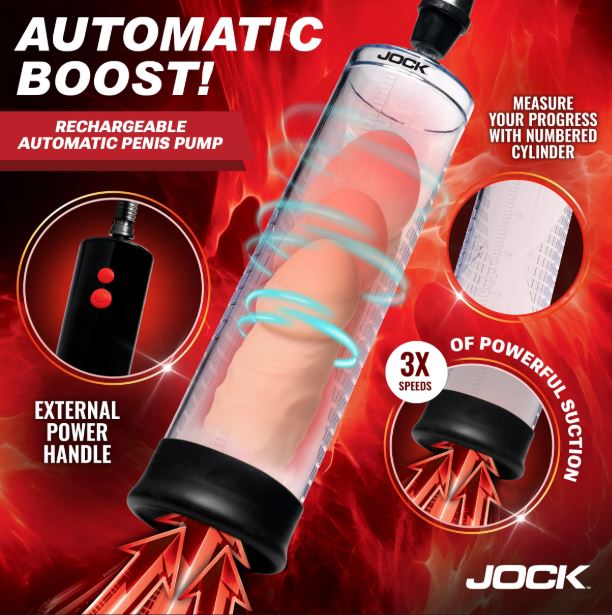 Jock Advanced Power Pump Up Automatic Penis Pump showing automatic boost features and external power handle.