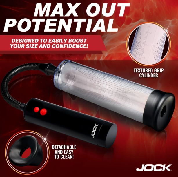 Jock Advanced Power Pump Up Automatic Penis Pump with textured grip and detachable features for comfort and confidence.