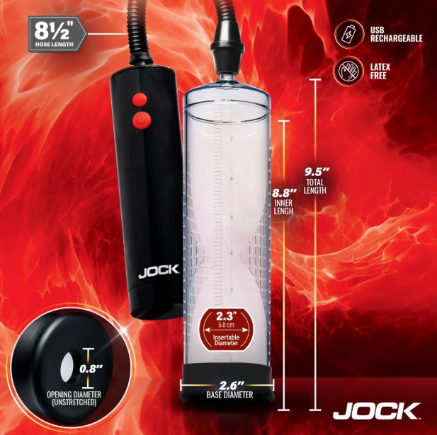 Jock Advanced Power Pump Up Automatic Penis Pump features automatic suction levels and detailed specifications.