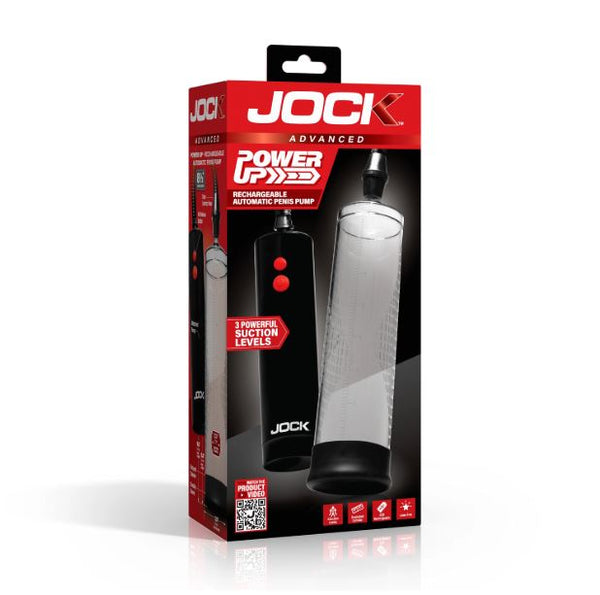 Jock Advanced Power Pump Up Automatic Penis Pump packaging featuring 3 powerful suction levels for enhanced performance.