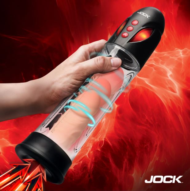 Jock Power Up Automatic Waterproof Penis Pump Black held in hand with colorful LED pressure gauge.
