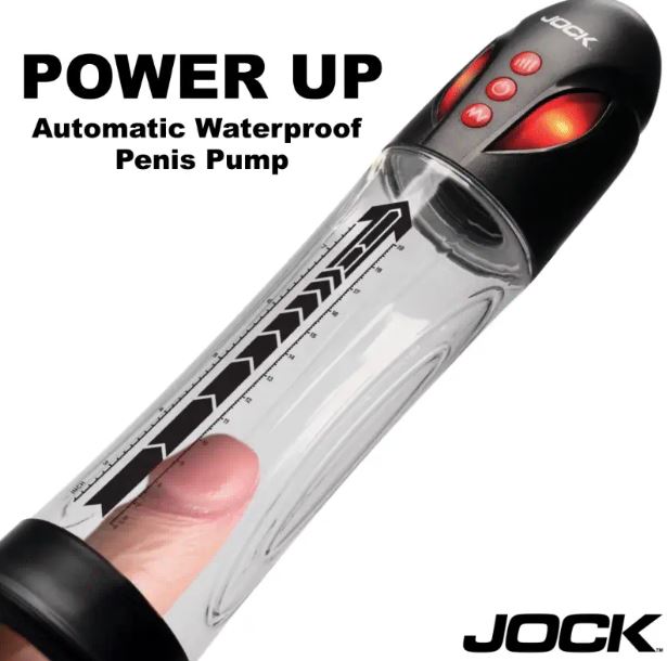 Jock Power Up Automatic Waterproof Penis Pump Black showing adjustable settings and LED pressure gauge.