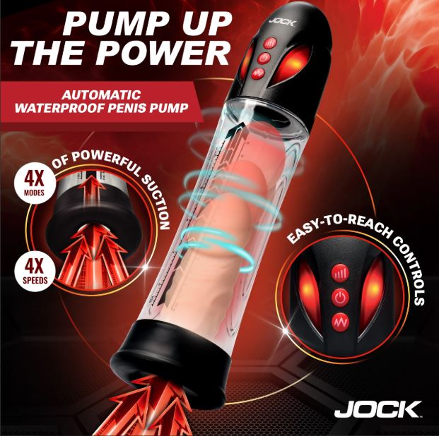 Jock Power Up Automatic Waterproof Penis Pump Black with 4 speeds and modes for personalized suction control.