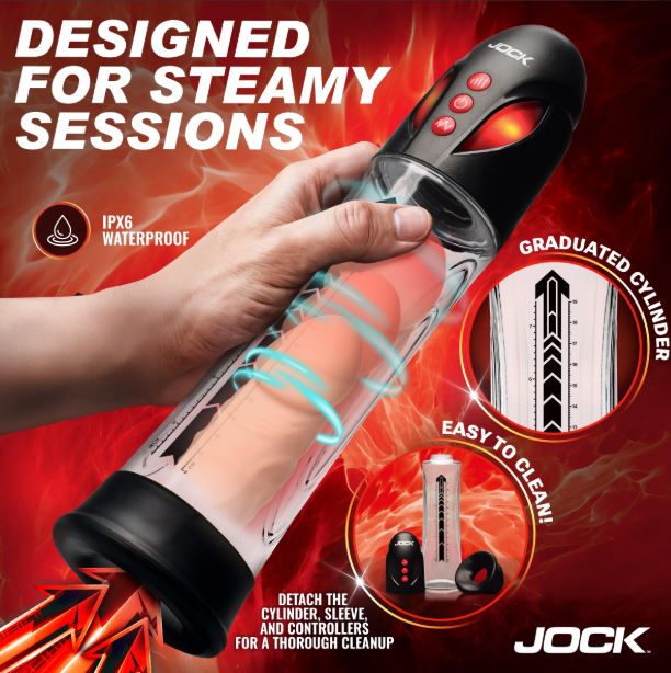 Jock Power Up Automatic Waterproof Penis Pump Black with colorful LED pressure gauge and adjustable speed settings.