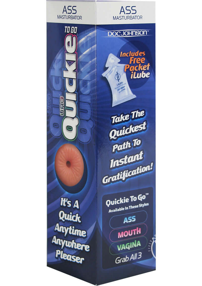 Quickies To Go ULTRASKYN Ass Masturbator packaging with free iLube packet, promoting quick instant gratification.