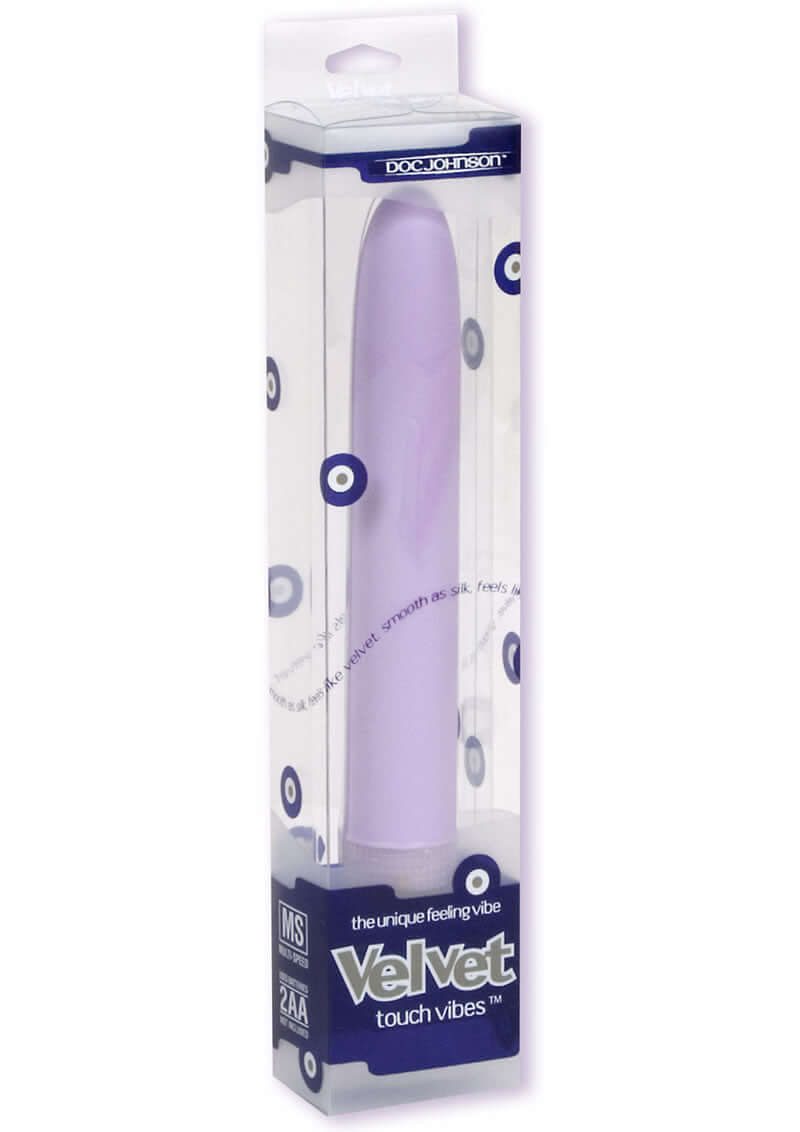 Velvet Touch Vibe 7 Lavender multi-speed vibrator in packaging - sleek, smooth, and designed for ultimate stimulation and pleasure.