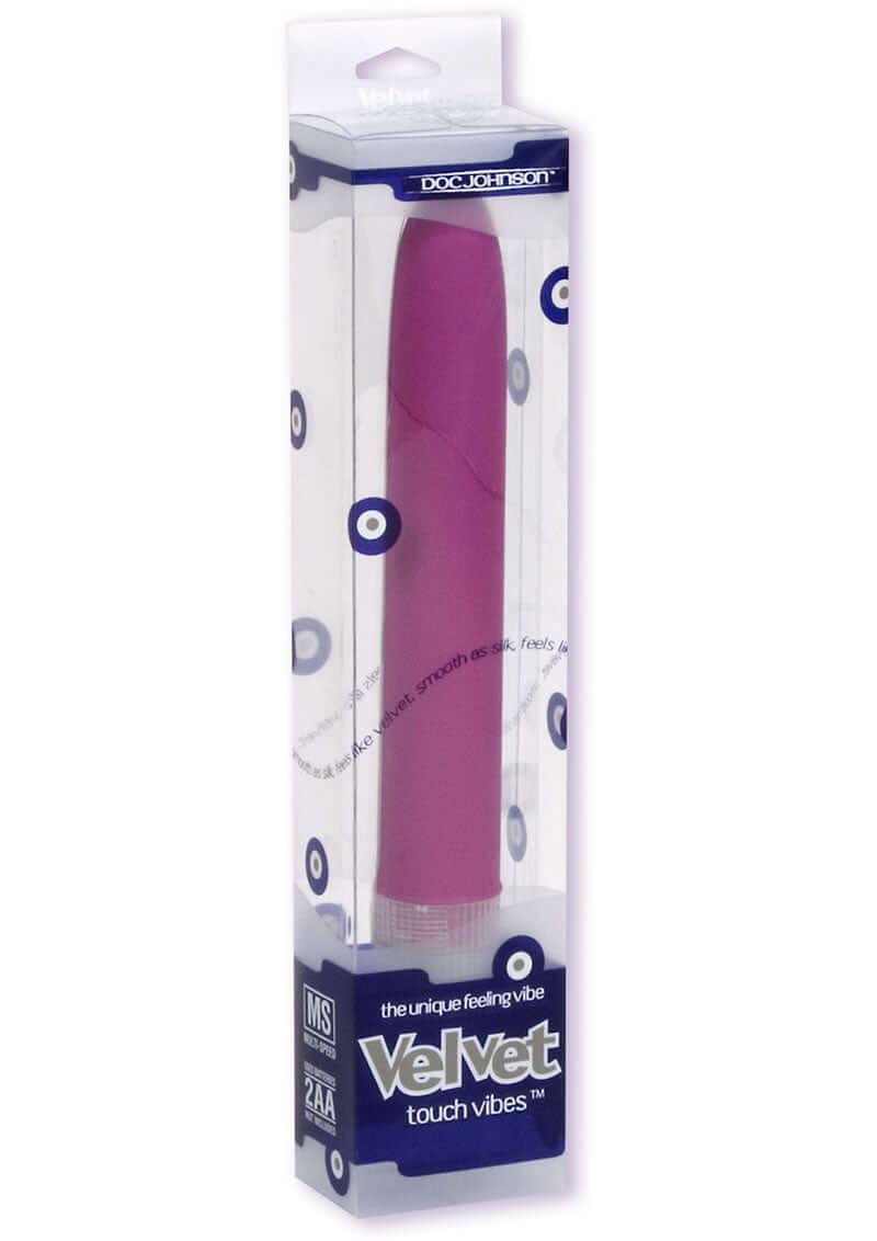 Velvet Touch Vibe 7 Magenta vibrator in packaging showcasing its smooth texture and multi-speed vibration features