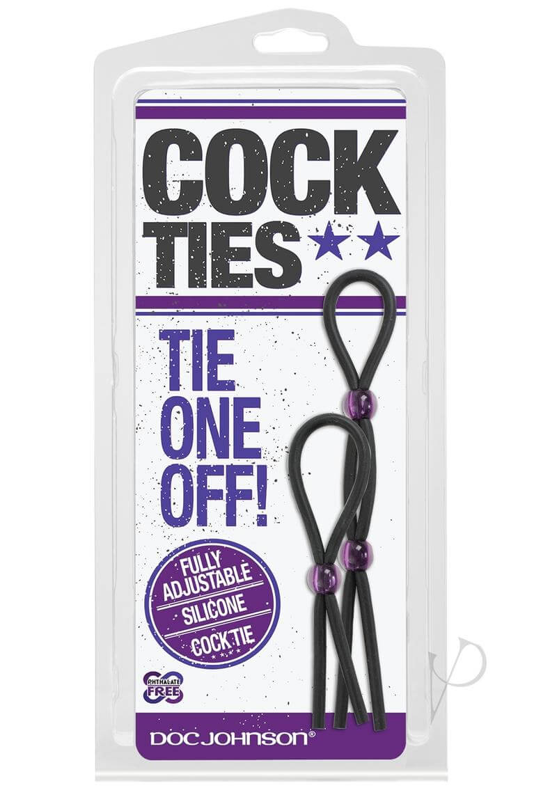 Fully adjustable silicone cock ties in black by Doc Johnson in packaging