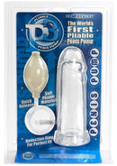 Clear P3 Penis Pump with Quick-Disconnect Valve and bulb-operated vacuum in original packaging by Doc Johnson.