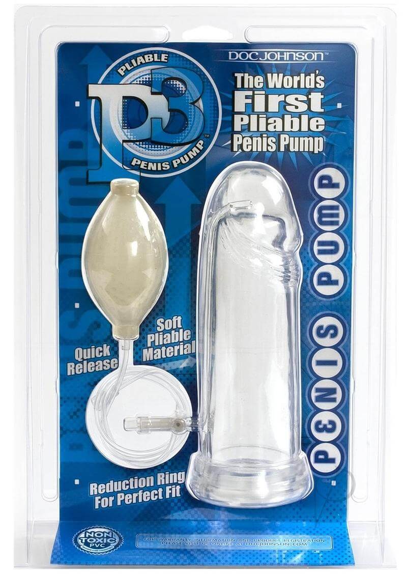 Clear P3 Penis Pump with Quick-Disconnect Valve and bulb-operated vacuum in original packaging by Doc Johnson.