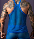 Male Power Fishnet 2.0 Tank Top Royal L XL on a muscular man showcasing colorful tattoos from the back.