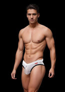Model wearing Envy Sport Mesh Jock White S M, showcasing sporty design and breathable mesh fabric for comfort.