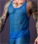 Male Power Fishnet 2.0 Tank Top Royal S M in blue worn by a muscular man with tattoos.