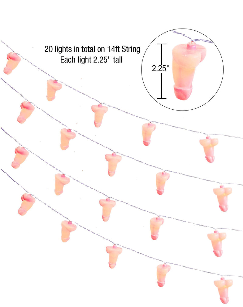 Glitterati String Lights with 20 penis-shaped lights on a 14ft string, each light measuring 2.25 inches tall.