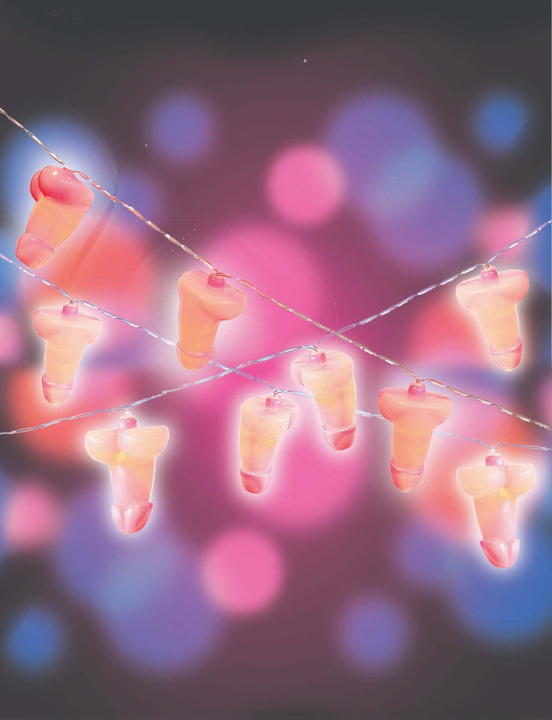 Glitterati Penis String Lights with 20 lights over 14 feet, perfect for parties and playful decor.