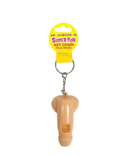 Super Fun Penis Whistle Key Chain on a key ring in peach color for playful and cheeky accessories.