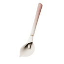 Stylish silicone scoop with a petal-shaped design and ergonomic handle in soft pink and white colors.